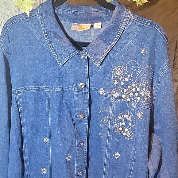 Quacker Factory Denim Jacket Butterfly Rhinestone Beaded Studded Buttons 3X - Picture 2 of 7
